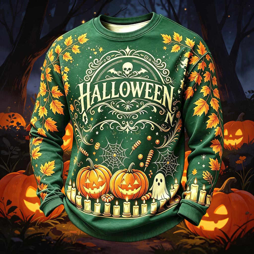 Men's Casual Round Neck Long Sleeve Top with Halloween Print