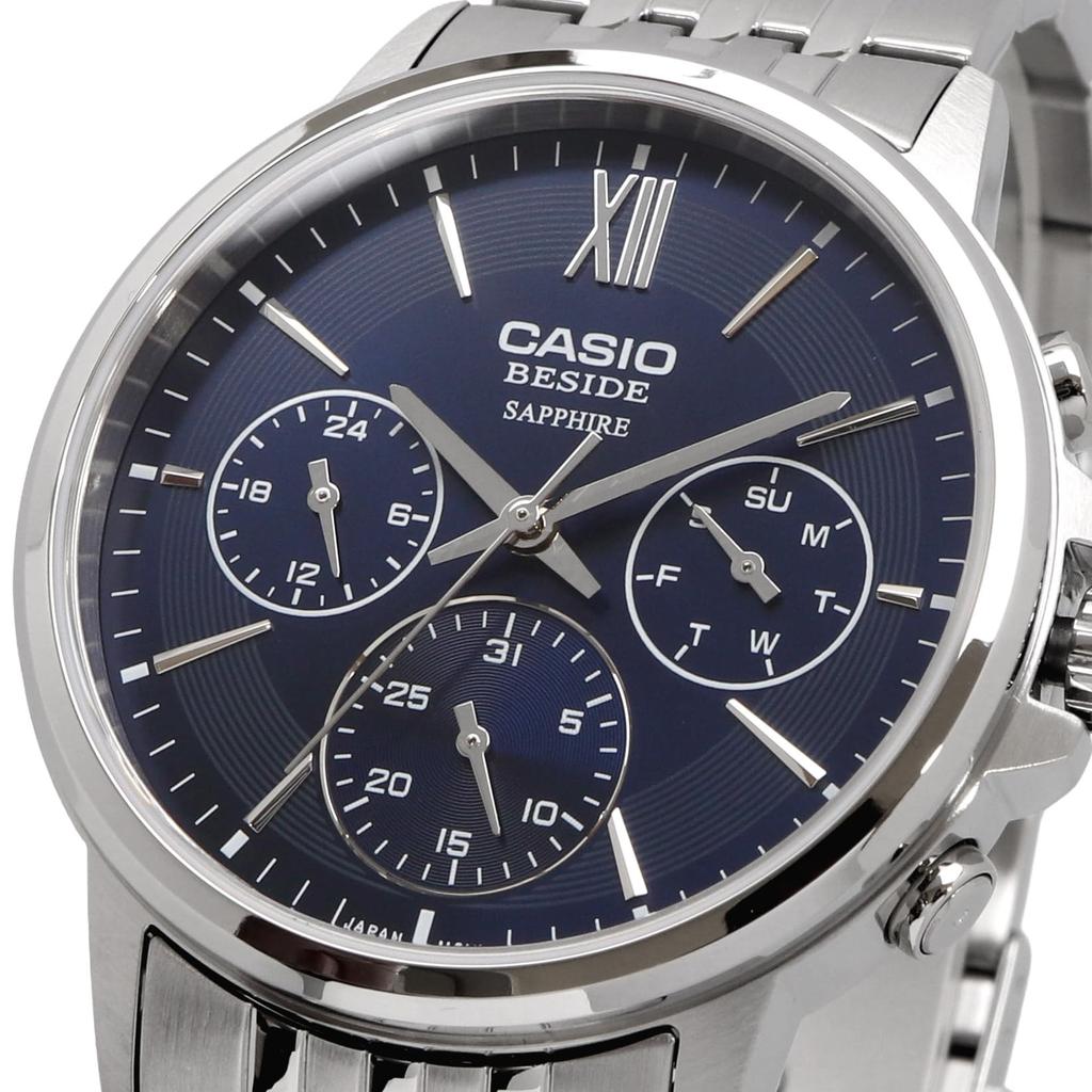 CASIO BESIDE Quartz Men Watch Sapphire Glass Stainless Steel Band Multiaxis 24 Hour Display Navy BMS-300D-2AV