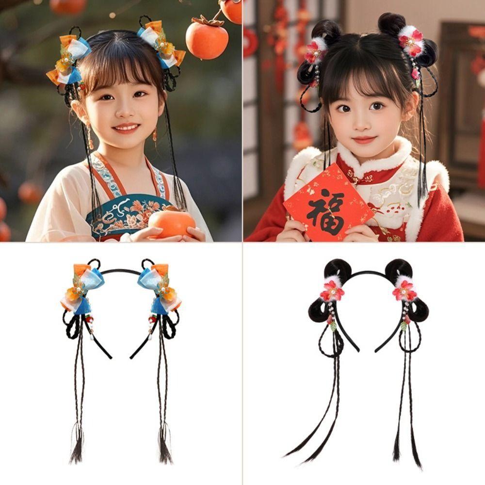 Tassel Children Wig Headband Flower New Year Hair Accessories Hanfu Headwear  Year of the Horse