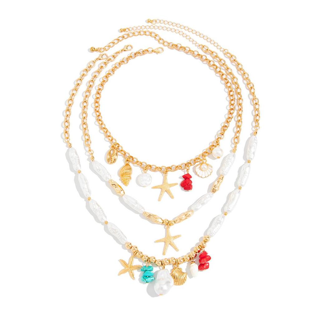 Starfish Scallop Pendant Choker Necklace Women Boho Imitation Pearl Chain Beach Jewelry Gift