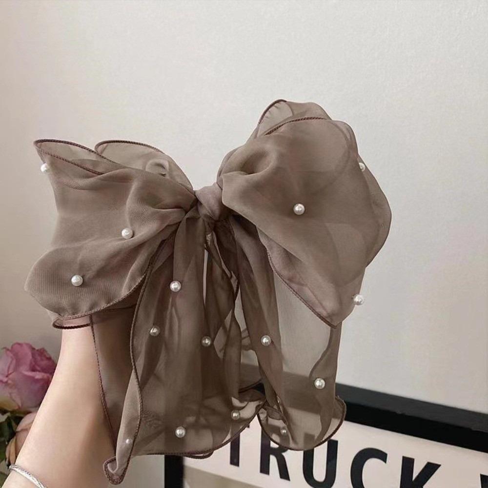 Pearl Decor Bow Hair Clip Sweet Ponytail Holder Fairy Style Sheer Organza Spring Clip Party