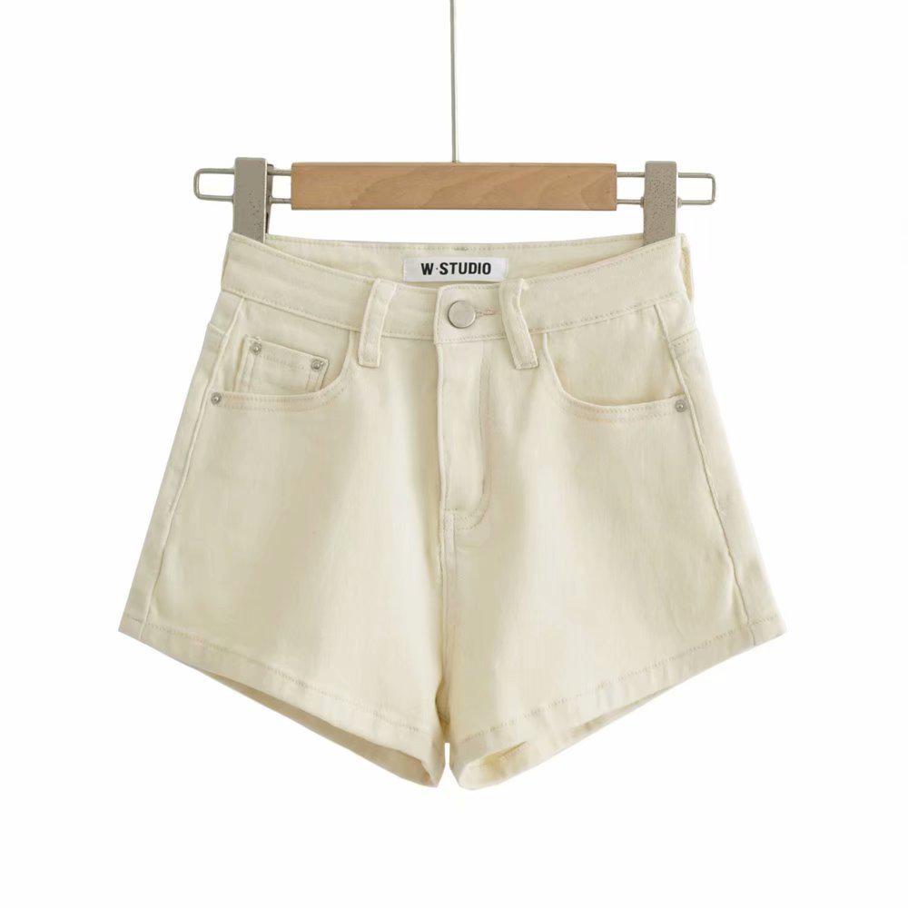 Women s 2021 Summer Trendy High-Waisted Elastic Denim Shorts with Rolled Hem. Medium хаки