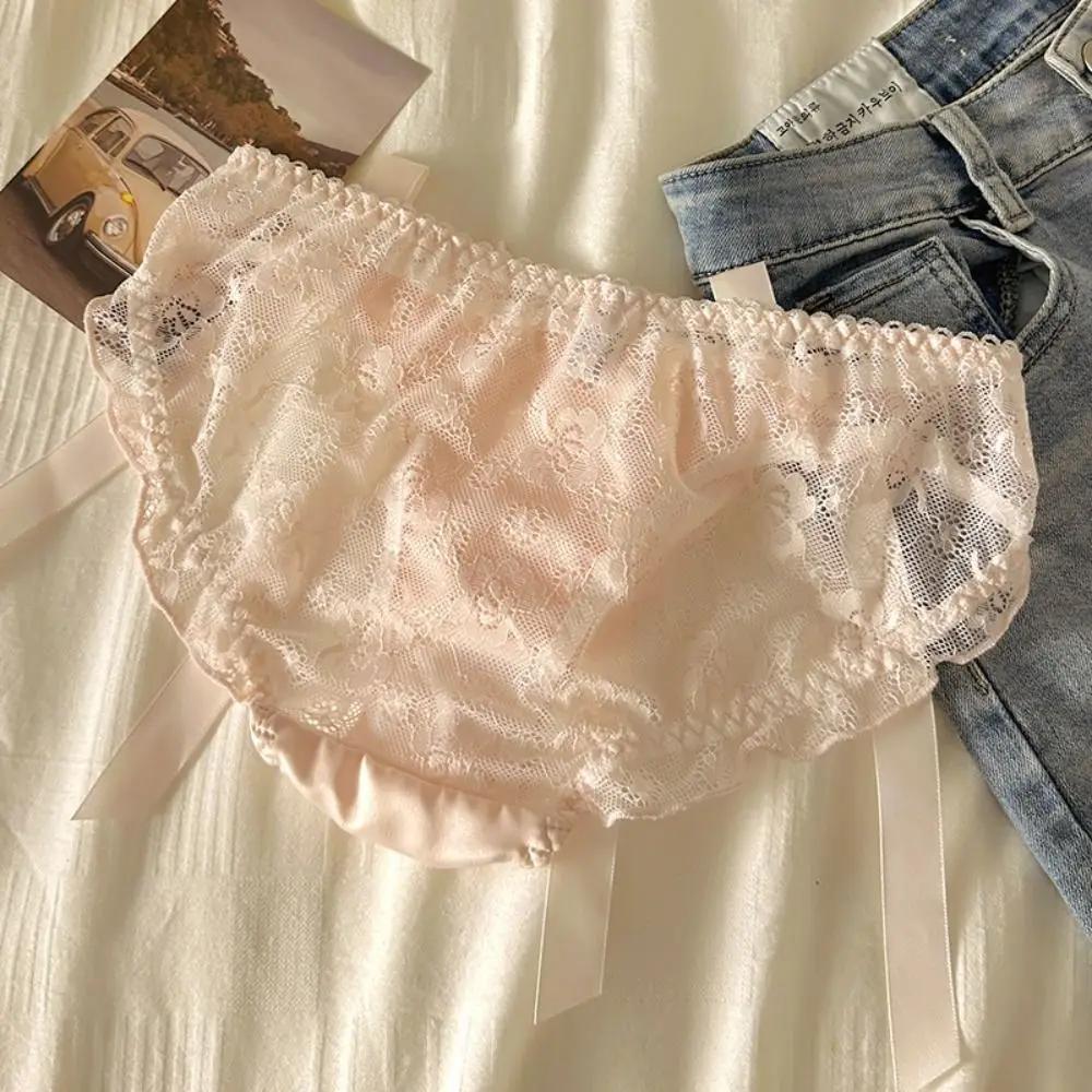 Breathable Hollow Out Lace Bow Panties Solid Color Low-Waist Seamless Briefs with Cotton Crotch for Women Female Lingerie