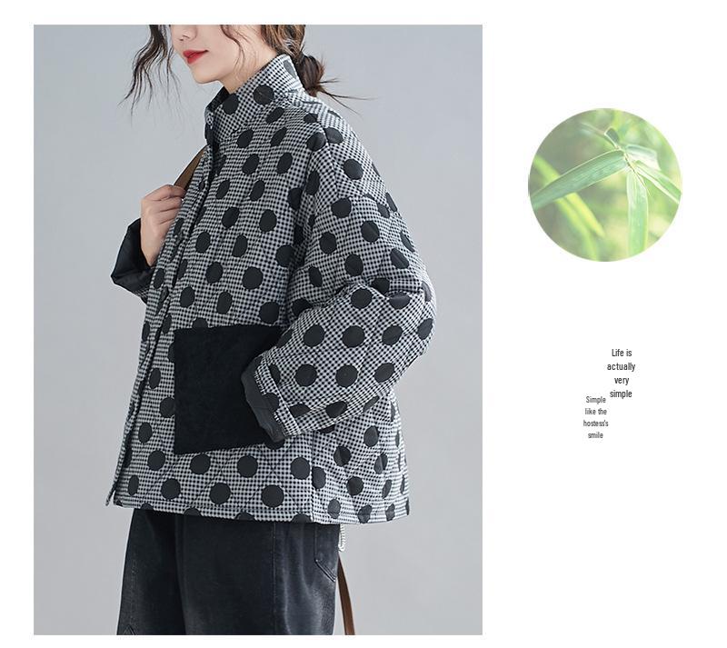 2024 Plus Size Women's Retro Argyle Short Quilted Cotton Jacket with Polka Dots