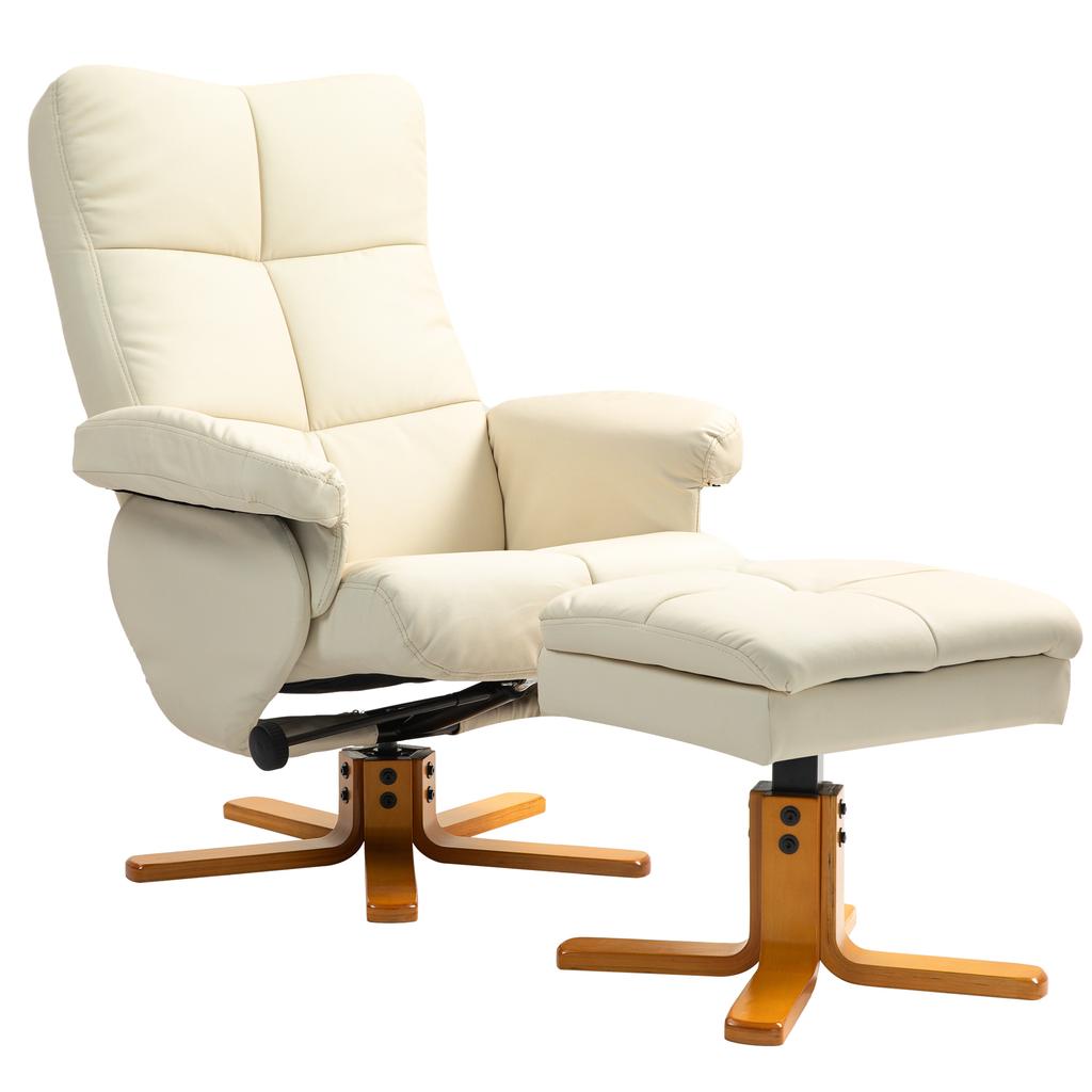 Recliner with Ottoman, 145 Degrees Reclining Backrest, 360 Degrees Swivel, Faux Leather, Cream White
