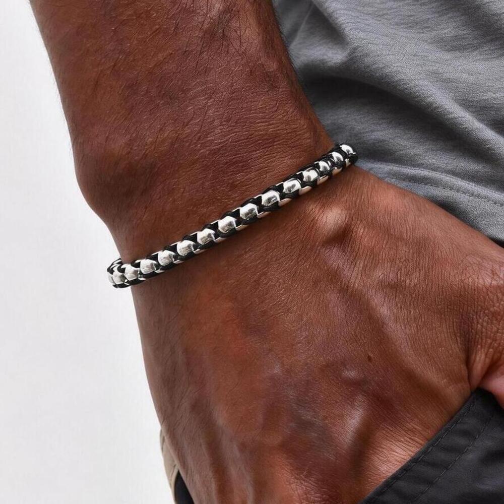 Black Silver Color Stainless Steel Box Chain Bracelets, Simple Punk Adjustable Chain Wristband,New Male Jewelry