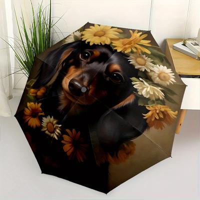 Flower Crown Dachshund Theme 8 Bone Hand Automatic Folding Fashion Umbrella, Compact and Portable Design, A Perfect Gift for Birthday, Chris