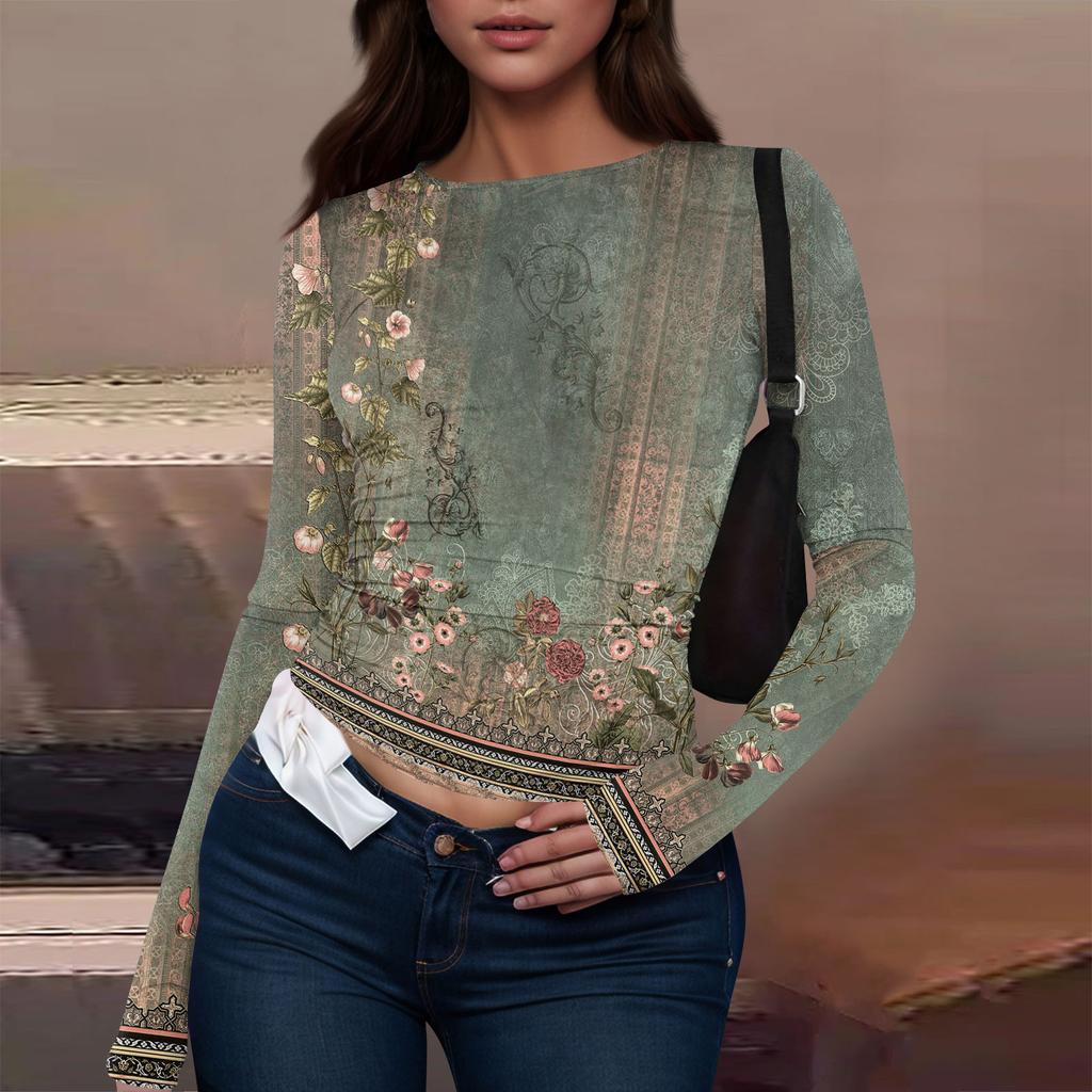 Women's Fashion Solid Colour Round Neck Long Sleeve T-Shirt Top