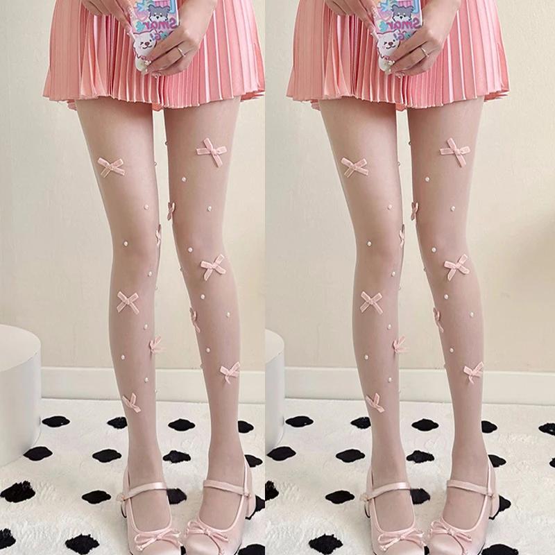 1/2Pairs Sexy Bow Lace Tights Women Bowknot Pearl Hollow Mesh Fishnet Thigh High Stockings Jk Lolita Sweet Girls Tight Pantyhose