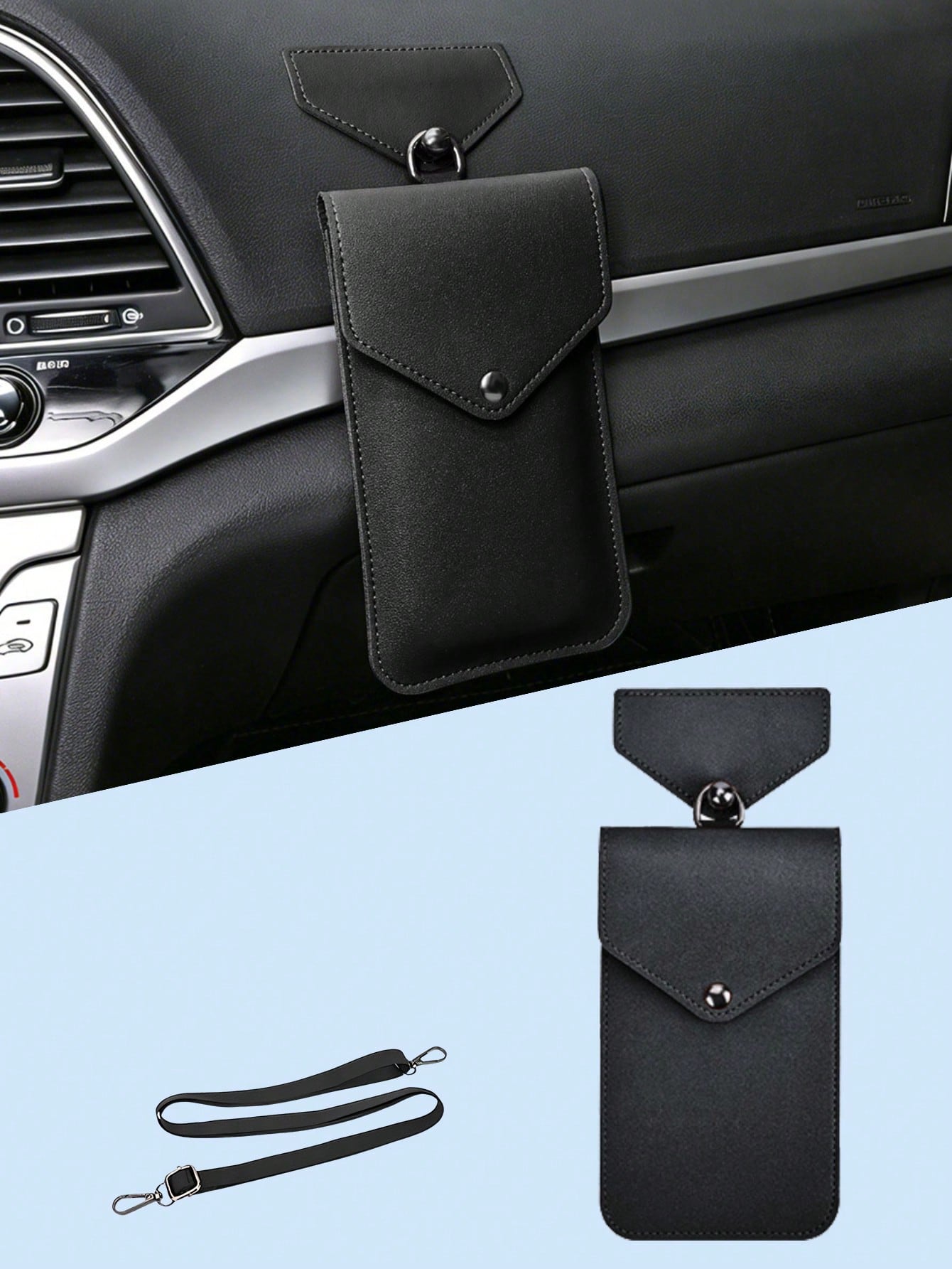 

Universal Multi-Use Car Storage Bag with Shoulder Strap, Stick-On, Premium Leather, For Dashboard, Door, Seat Back