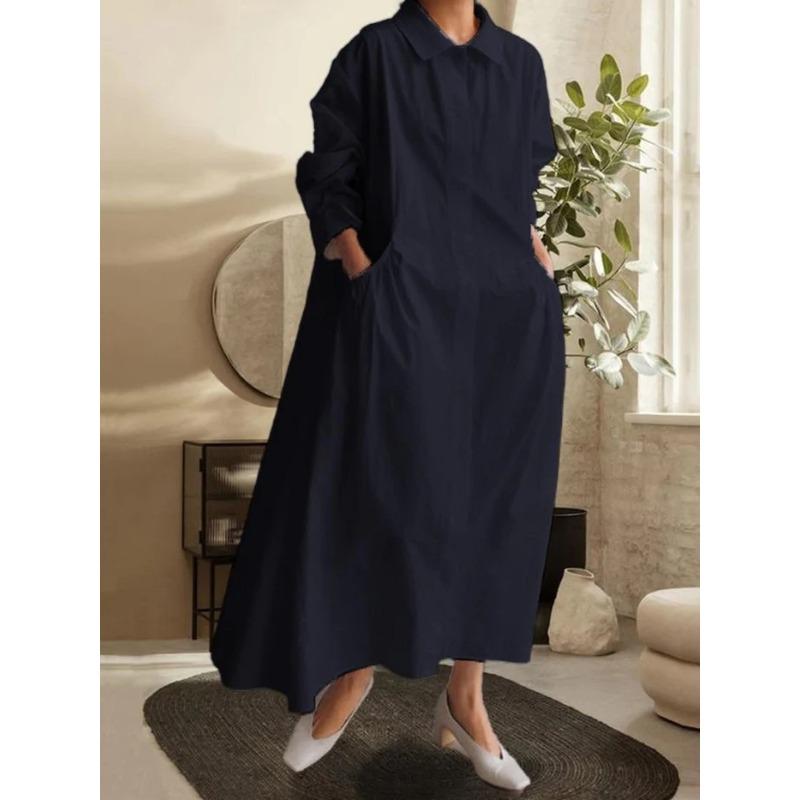 JPNTKY Fashion Summer Spring Solid Color Print Long Sleeve POLO Neck Casual Dresses