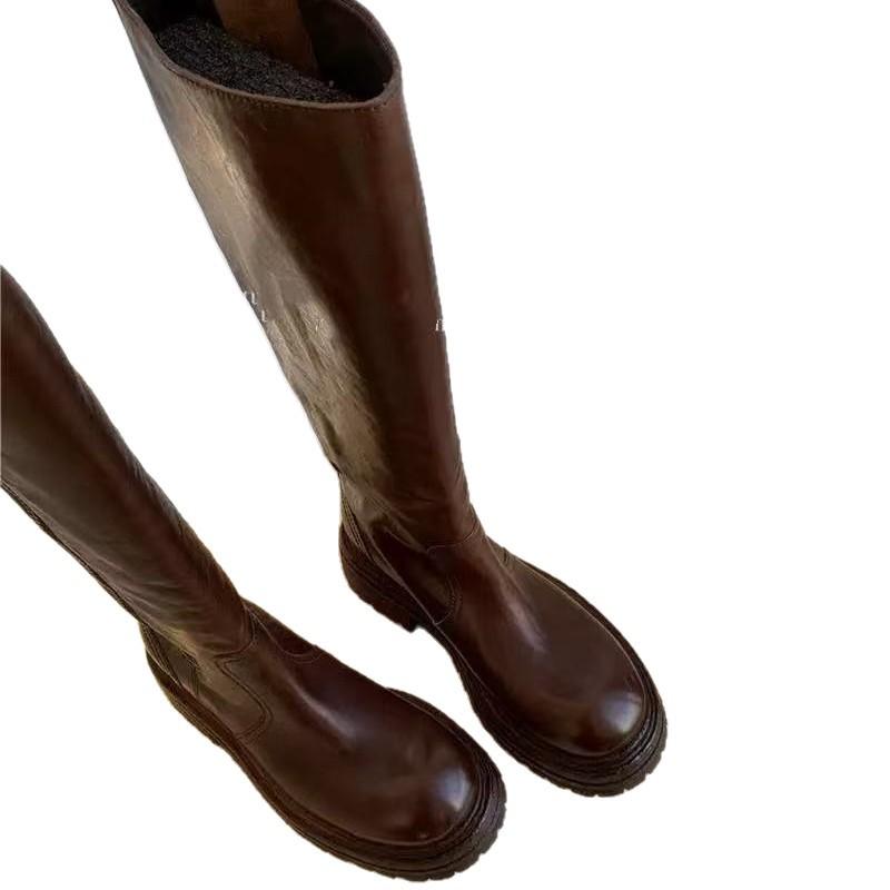 Washed horse leather~ leather tall boots long boots women's autumn and winter fat mm thick legs heightened thick-soled black knight boots
