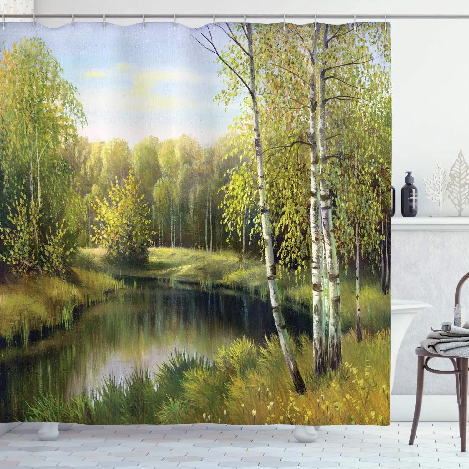 

Trees Forest Sunlight Shower Curtain Attractive Countryside Nature Landscape Bathroom Decor Waterproof Fabric Bathtub Screen W60H190(CM)-1 Pcs