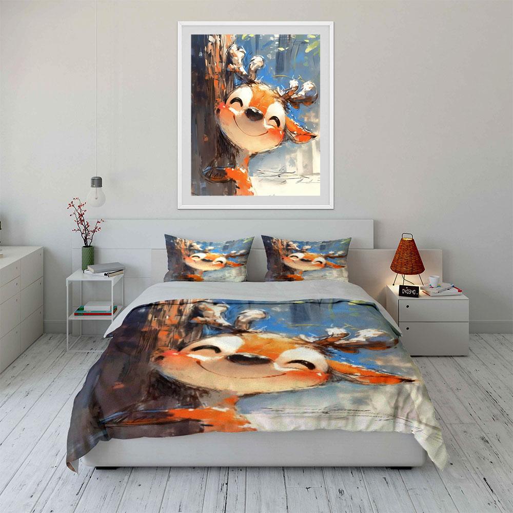 Cute Deer Decor Trio Set Soft Comfortable Duvet Cover Bedding Set Included 1*Duvet Cover & 2*Pillowcases, Gift