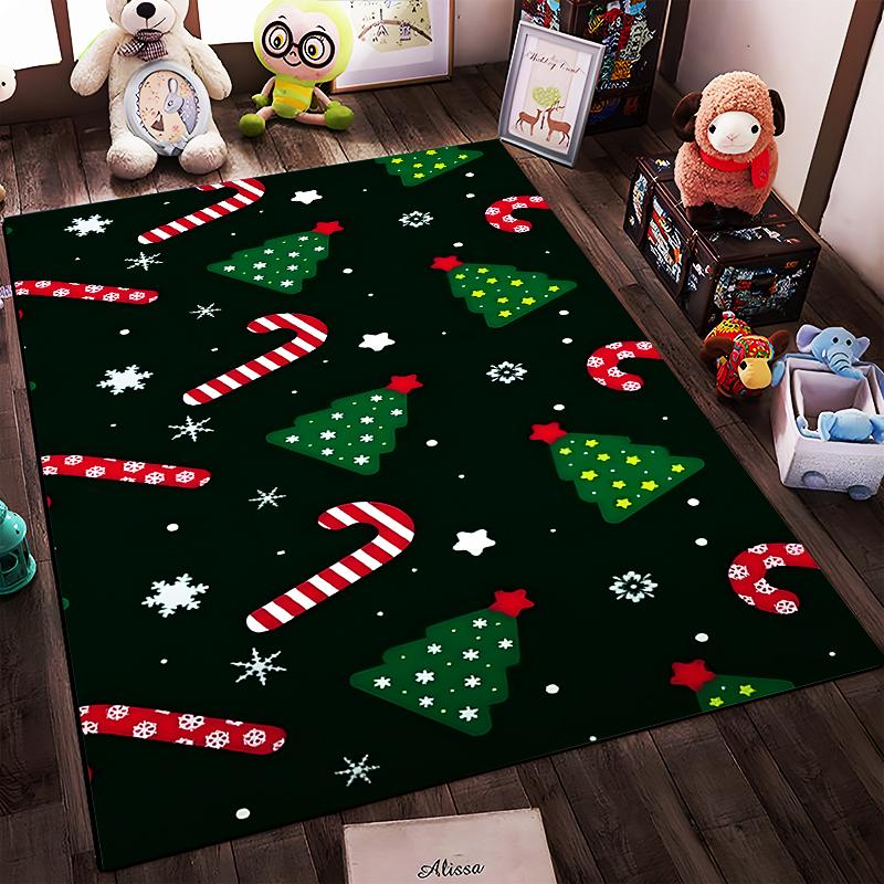 Christmas Candy Cane and Tree Pattern Rug - Non-slip rug suitable for living room and bedroom sofas.