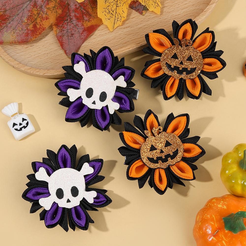 2Pcs Halloween Flower Hair Clips Glitter Pumpkin Skull Decor Hairpins For Girls Kids Costume Party Gothic Headwear Accessories
