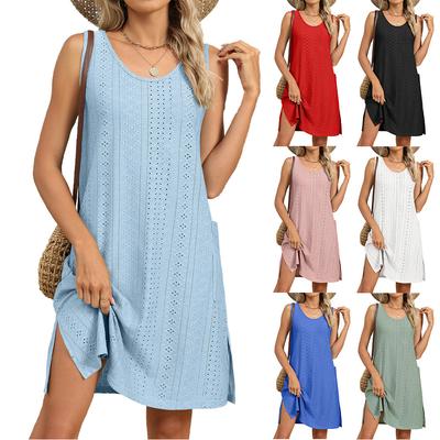 Europe, America 2025 Spring and Summer New Solid Color Round Neck Loose Sleeveless Pocket Dress