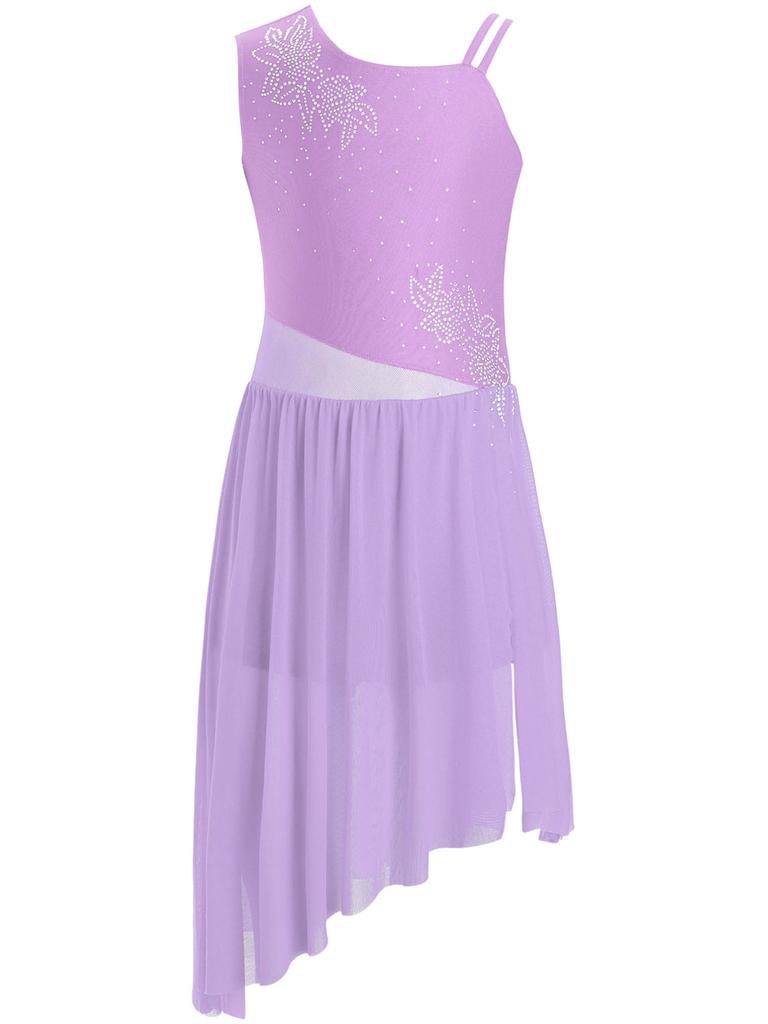 Rochie Dans Liric Fete Fără Mâneci Strălucitoare Strasuri Model Floral Asimetrică Cu Șliț Lateral Rochie de Performanță