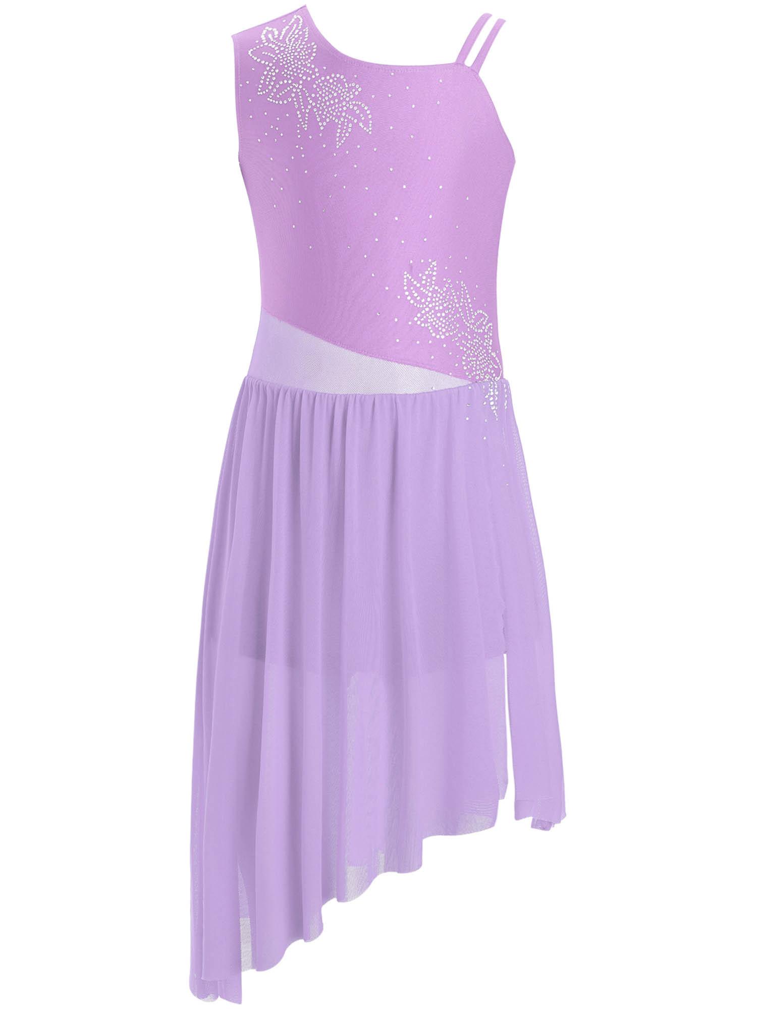 

Дівчаче ліричне танцювальне плаття без рукавів, блискучі стрази, квітковий візерунок, асиметричний бічний розріз, сукня для виступу 5-6 Years світло-фіолетового кольору