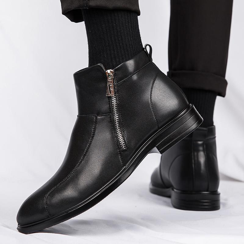 FashionGenuine Leather ankle Boots Men's High Top plush Warm Mens Short Boots Anti-slip Bota Masculinas De Couro Bottines Bottes Hommes