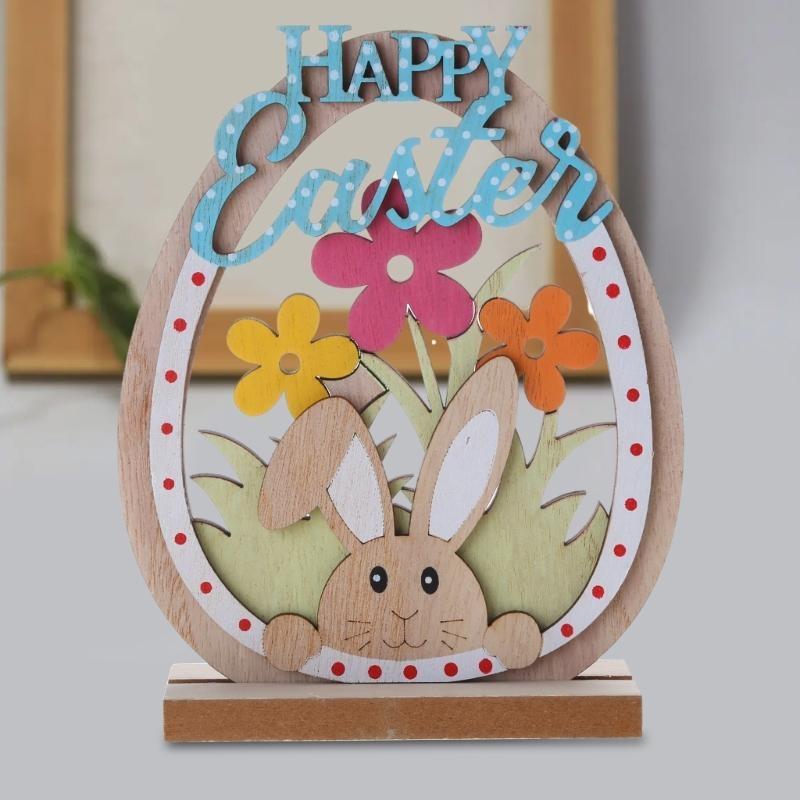 92MF Easter Wooden Ornament 2025 Painted Flower Rabbit Happy Easter Party Decoration