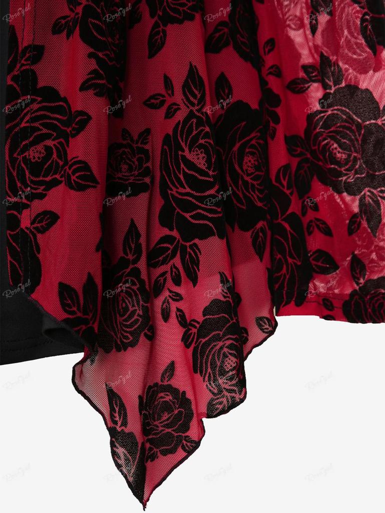 Rosegal Übergröße, Wasserfallausschnitt, Rosenblüten-Netzbeflockung, mehrlagig, gerüscht, Ösen, Gürtel, 2-in-1-Oberteil mit Glockenärmeln