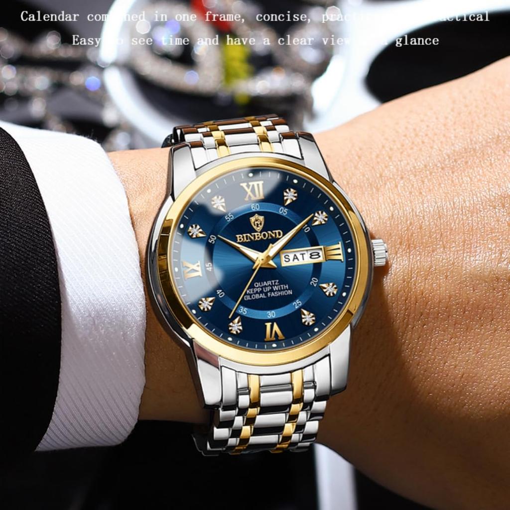 BINBOND Luxury Watch for Man Elegant Date Week Waterproof Luminous Men Watch Quartz Stainless Steel Sports Men's Watches