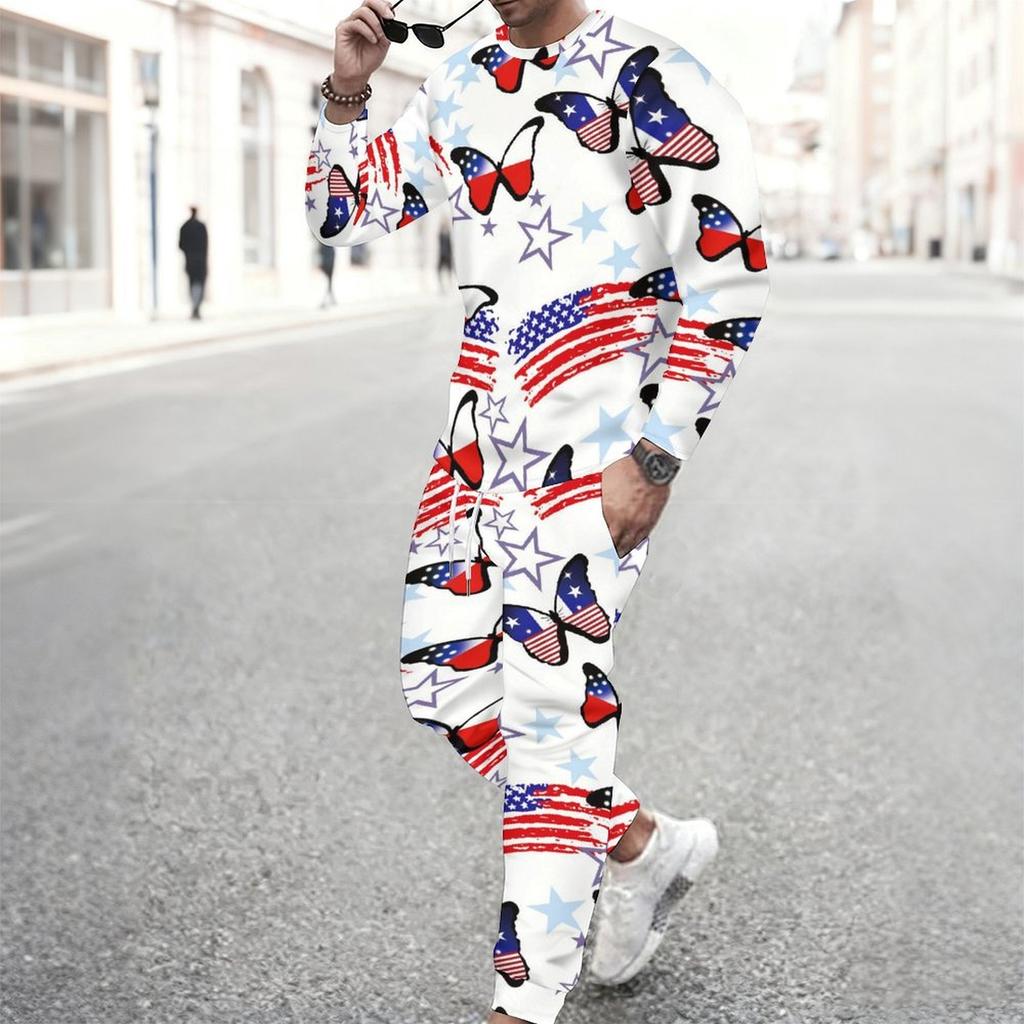 Men Distressed American Flag Star Stripe Print Long Sleeve Sweatshirt And Drawstring Jogger Pants Two Piece Outfit