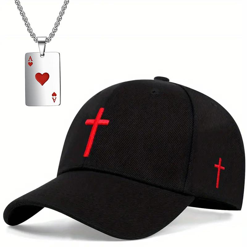 

2pcs Men s Baseball Cap Necklace Set of Fashion Embroidery Sun Hat Versatile Personality Hearts Playing Card Pendant Necklace Couple Net Red Sun Hat