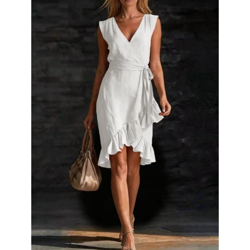Women s White V Neck Wrap Tie Waist Ruffle Hem Sleeveless Mini Dress S