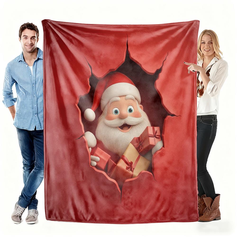 3D Santa Claus Christmas Blanket Festive Red Broken Wall Design Soft Flannel Throw Blanket Xmas Gift for Kids & Adults Travel