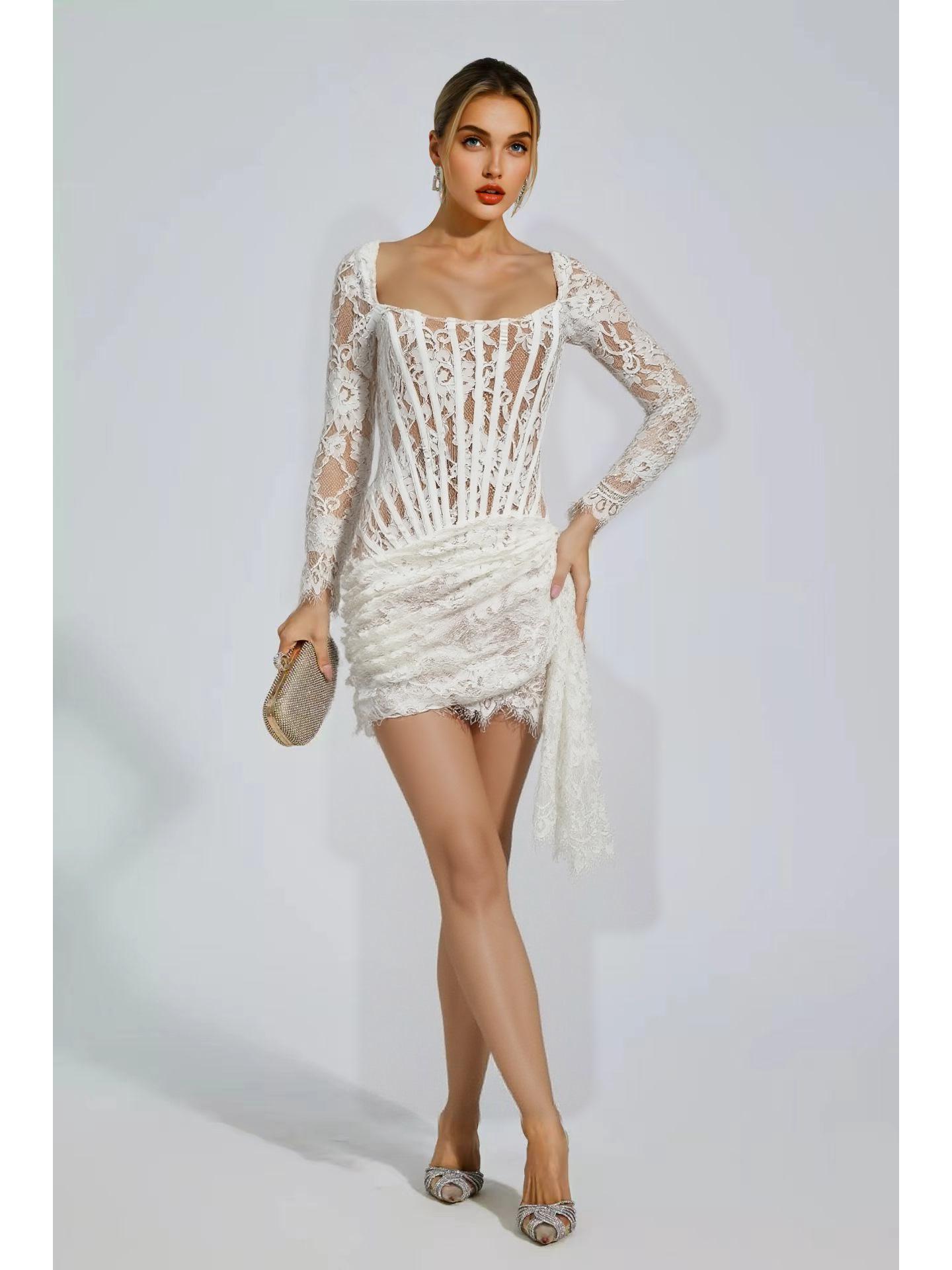 

Европейское и американское сексуальное кружевное платье-сетка с корсетом на косточках – с длинными рукавами, осенне-зимняя короткая юбка Medium