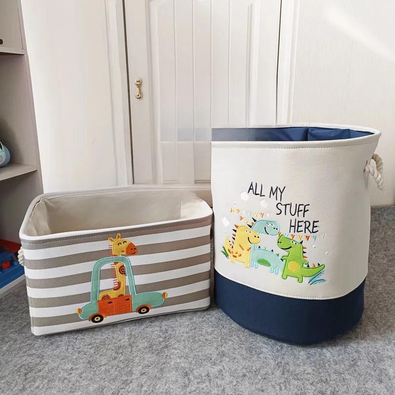 Cartoon Toy Storage Basket & Foldable Canvas Laundry Hamper Collapsible Clothes Organizer Bin with Handles for Kids Room