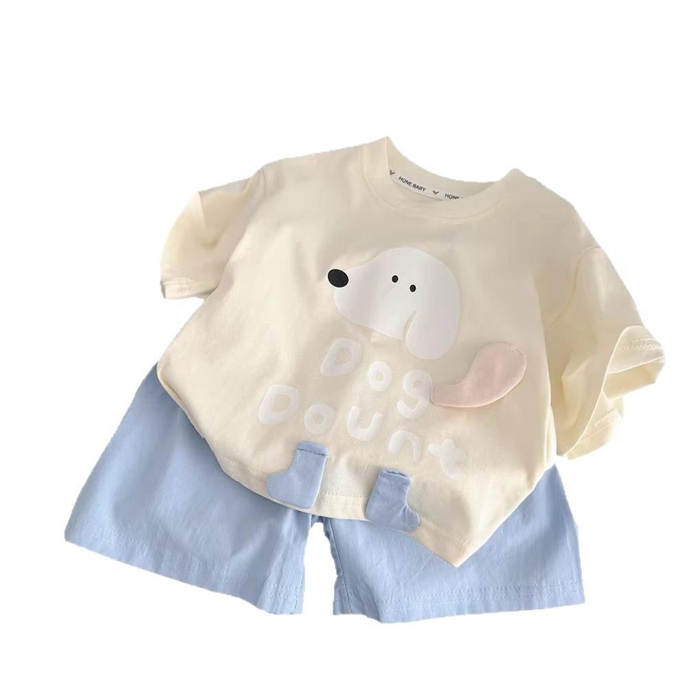 Girls Cotton Short Sleeve Set Cute 3D Puppy Cartoon Shorts Casual Two Piece Outfit Stylish Summer Kids Clothing