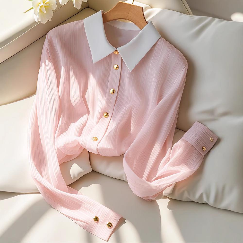 2025 Women's Versatile Slimming Long-Sleeve Pink Blouse - High-End, Breathable, and Fashionable
