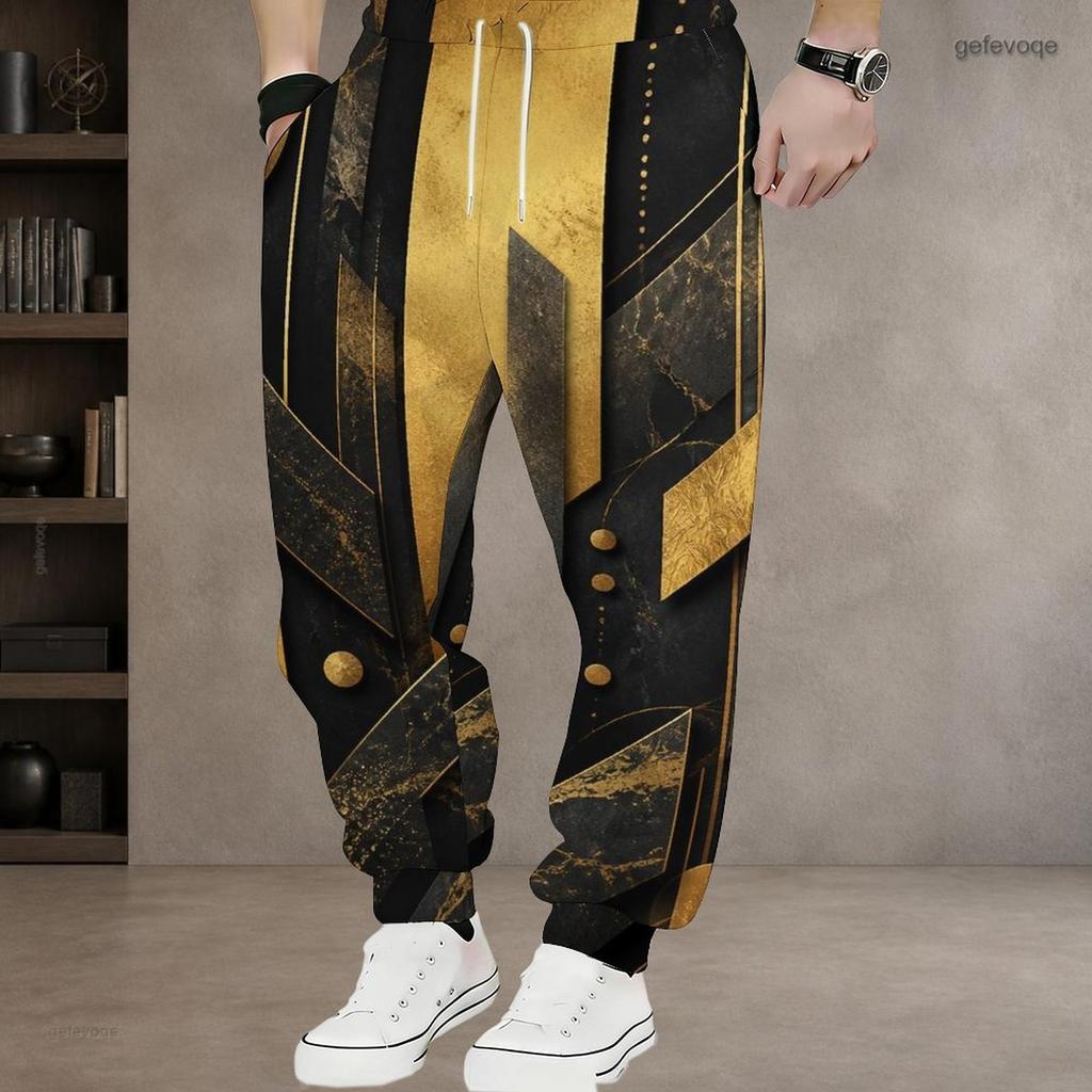 Men S Plus Size Geometric Printed Jogger Pants Black Gold Silver Drawstring Waist Side Pockets Cuffed Ankle