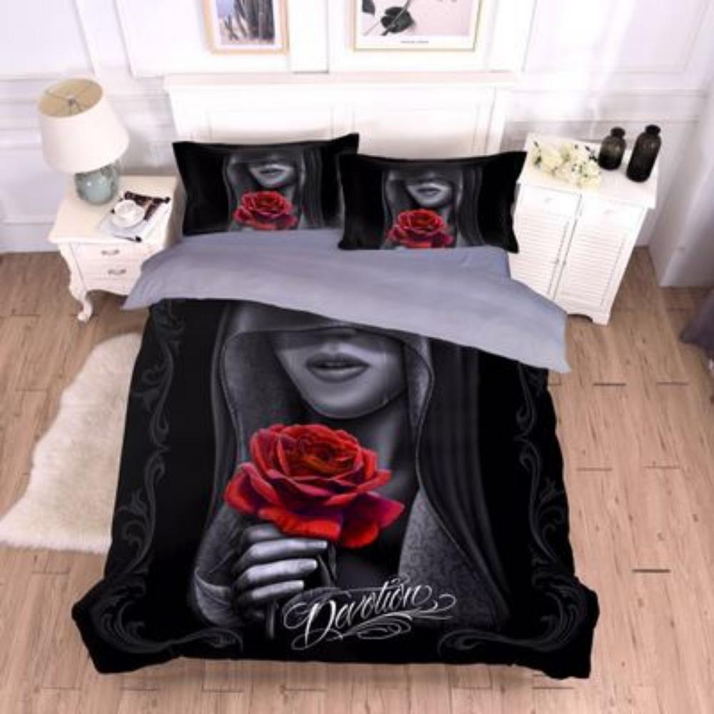 Rosa 3D Teschio di Halloween Lusso Biancheria da Letto Set Copripiumino Matrimoniale Invernale Nero Biancheria da Letto Set Copripiumino King Copripiumino+federa