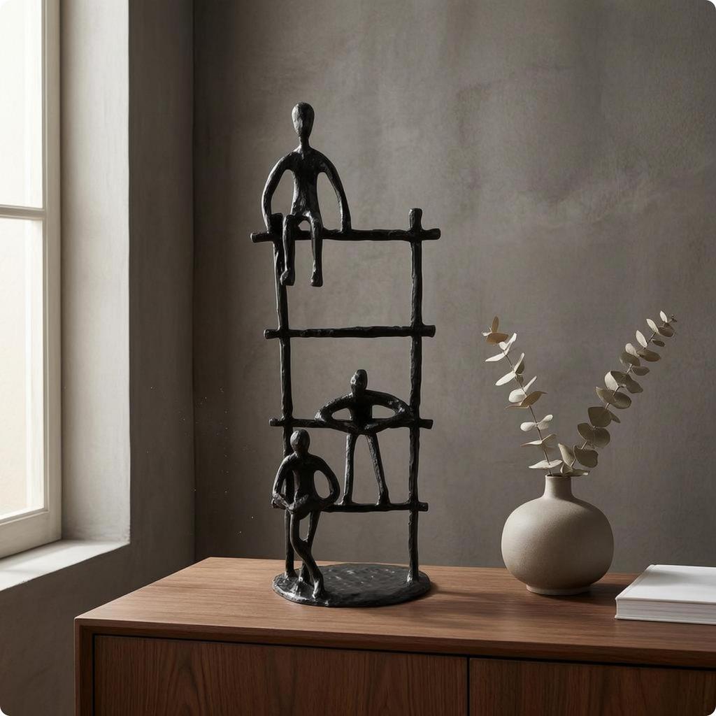 Ladder Frame Sculpture Black Metal Human Figure Abstract Tabletop Ornament Minimalist