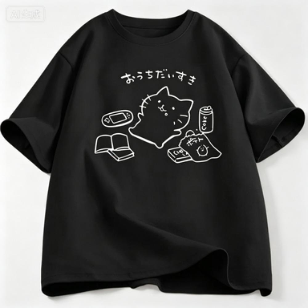 Japanese Style No Plan Cat Print Tshirt For Unisex Wounisex Funny Cotton Short Sleeve Summer Loose Tshirt Kawaii Kitty Cat Lover Tees