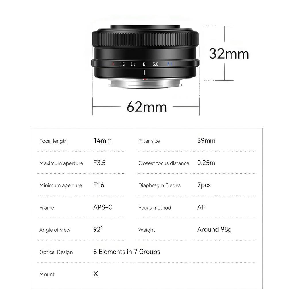 TTArtisan AF 14mm Pancake Fixed Focal Compatible with Mirrorless Master Craftsman Optics F3.5 Lens, Wide-Angle Lens, X-Mount, APS-C, Autofocus,
