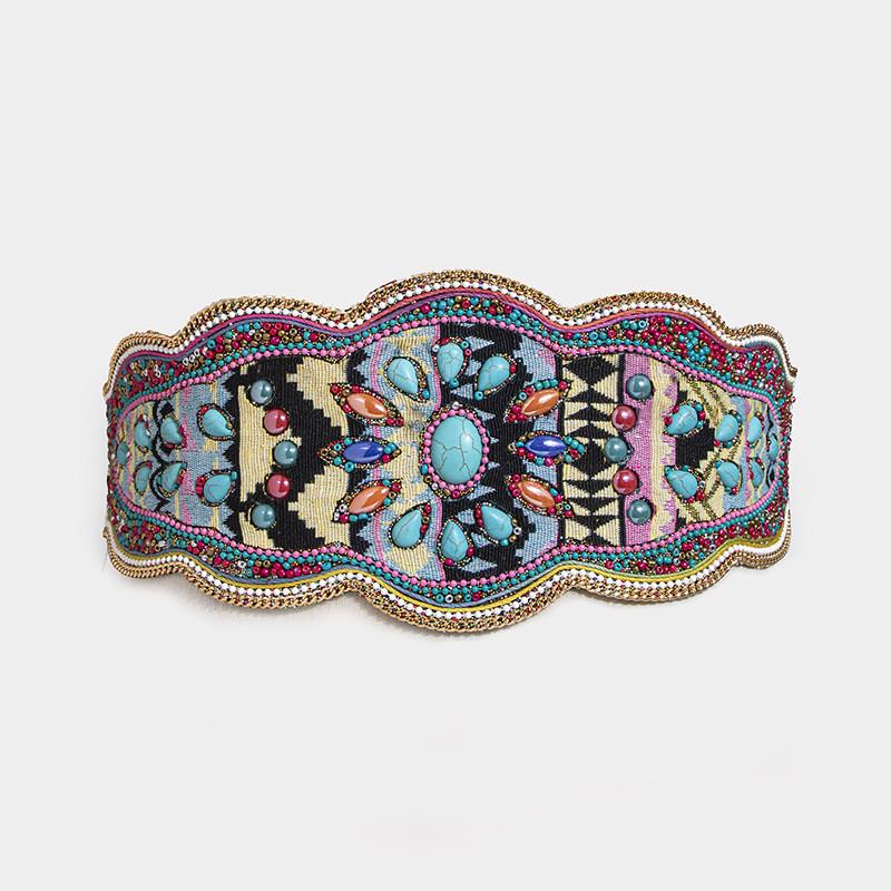 Womens Bohemian Style Fabric Waist Belt With Turquoise Beads And Embellishments For Outfits Seasonal