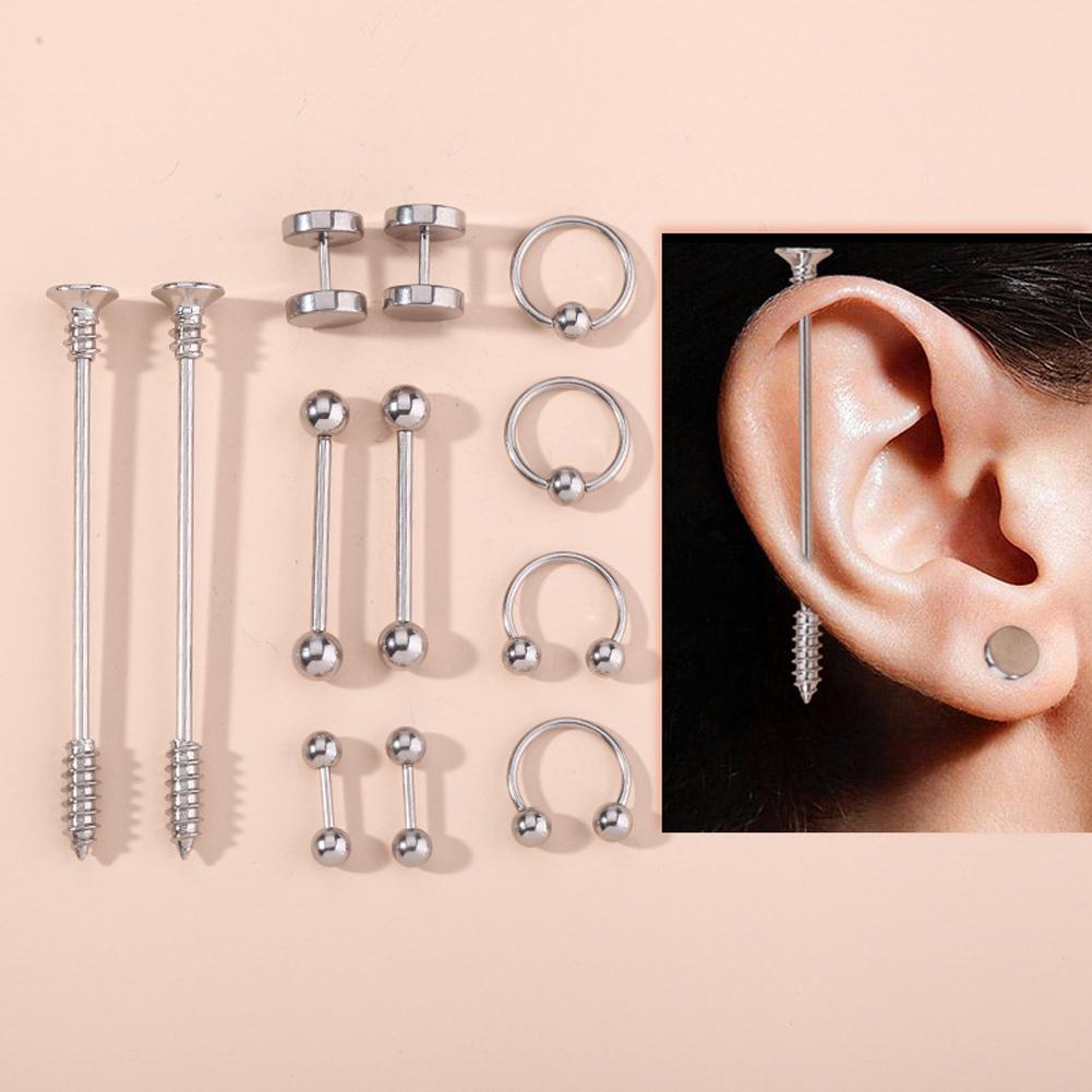 12 Pcs/set Ear Studs Stainless Steel Piercing Jewelry Long Ear Bone Barbell Ear Nail