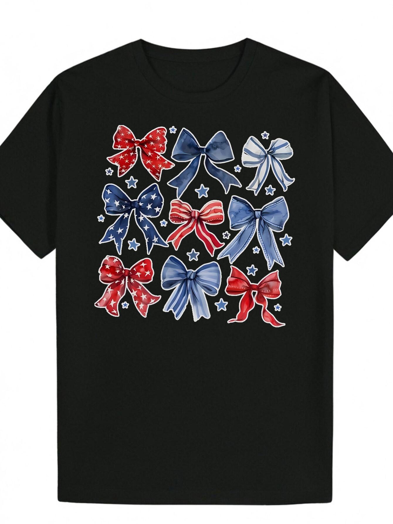 

Patriotic American Flag Bow & Star Graphic T-shirt - Summer Casual Round Neck Polyester Tee XXXXL