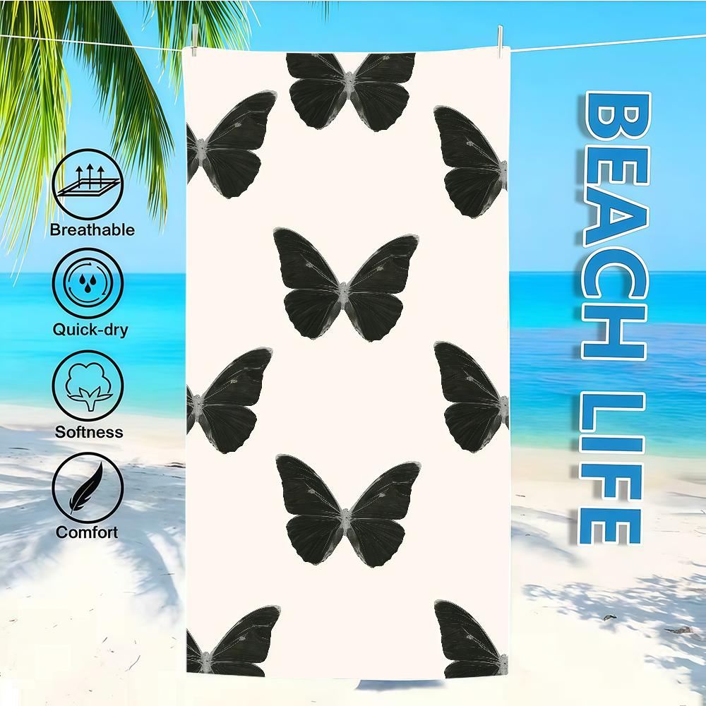 Towel Textile Bathrobe Beach Quick-Drying White Swallowtail Black Lightweight Portable Camping Sequined Butterfly Pool Travel