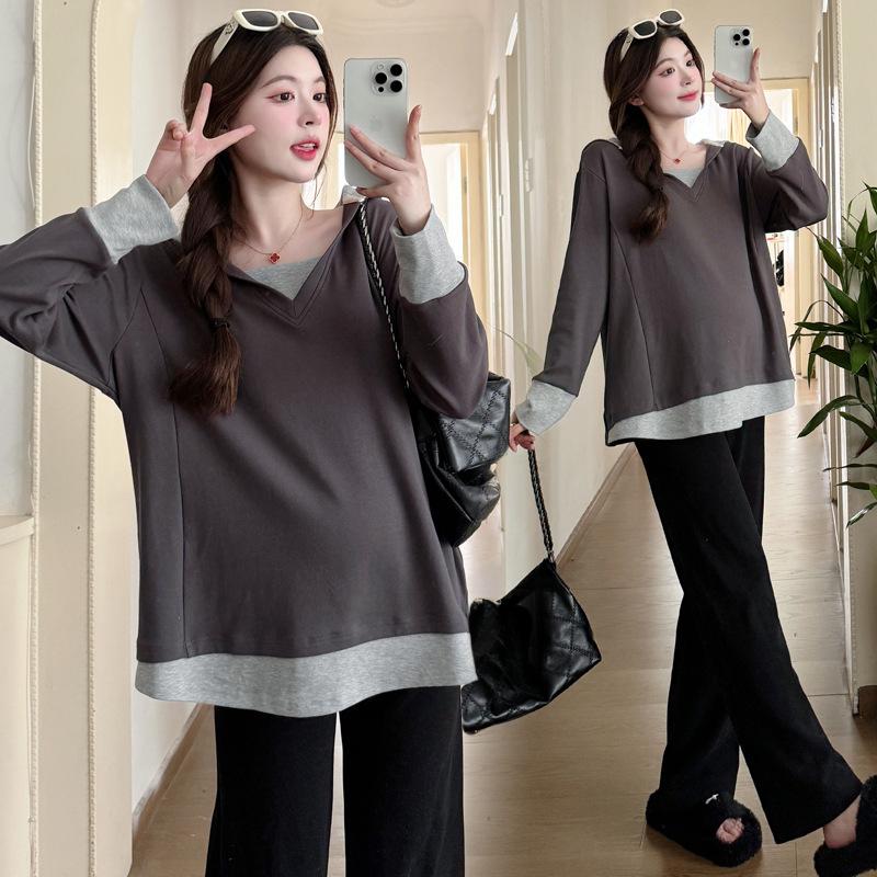 

2025 Spring-Autumn Hooded Two-Piece Look Sweatshirt - Loose, Stretchy, Solid Patchwork Design 2XL