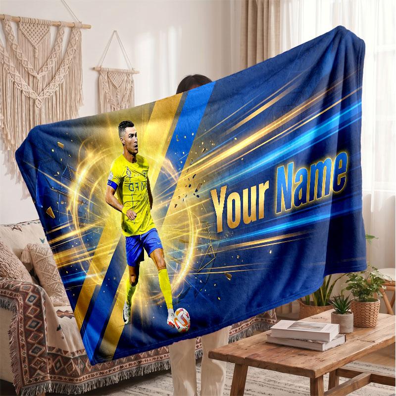 Couverture polaire personnalisée Cristiano Ronaldo avec logo de football, texte de nom personnalisé, couverture d'appoint douce et chaude pour la maison