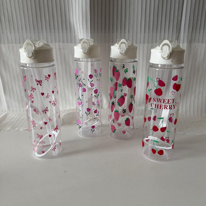 750Ml White Water Bottle Full Printed Cartoon Strawberry Bow Flower Fade Resistant Leakproof Reusable Stylish Cup For Sports