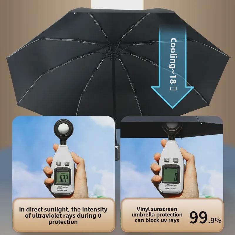 Schwarzer automatischer Sonnen- und Regenschirm mit 32 Knochen – kompakter Sonnenschirm mit doppeltem Verwendungszweck für Damen, ideales Geschäftsgeschenk