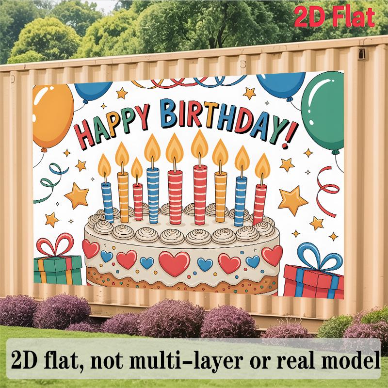 Balloons Candles Birthday Banner, Stars Gifts Backdrop Wall Decor for Party