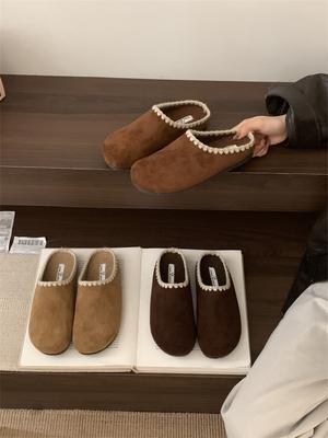 Velvet Lace Edge Birkenstocks, Bag Head, Half-drag Women's Outer Wear 2025 Autumn New Lazy Drag Flat Cotton Shoes, Slippers